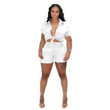 Women's Clothing Ladies' Fashion Casual Solid Color Turndown Collar Short Sleeve Shirt Shorts Two-Piece Set