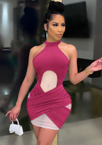 Damenmode Sexy Hollow Mesh Solid Color Kleid