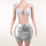 Summer sexy Party Tassel Bra mini skirt two piece set