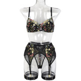 Women Summer Embroidered Flowers Sexy Lingerie Three-Piece