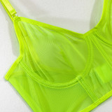 Women Fishbone Contrast Color Mesh Sexy See-Through Sexy Lingerie Two-piece Set
