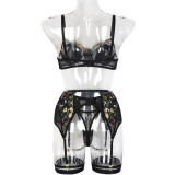 Women Summer Embroidered Flowers Sexy Lingerie Three-Piece