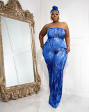 Plus Size Women Sexy Strapless Printed Wide Leg Jumpsuit