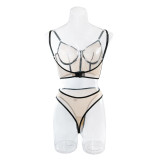 Women Fishbone Contrast Color Mesh Sexy See-Through Sexy Lingerie Two-piece Set