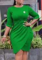 Plus Size Women Elegant Pleated Dress with Brooch