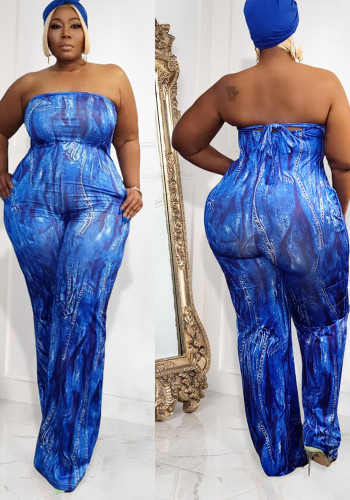 Plus Size Women Sexy Strapless Printed Wide Leg Jumpsuit