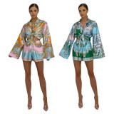 Fashion Print Women's Long Sleeve Blazer Short Set Cozy Fall Outfit with Bandana