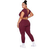 Women's Plus Size Short Sleeve Trousers Solid Color Cross Back Slim Sexy Two-Piece Set