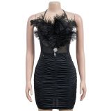 Fashion Ladies Solid Feather Strapless Sleeveless Dress