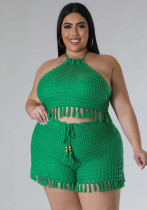 Plus Size Women's Fringe Fishnet Knitting Casual Two-Piece Pant Set