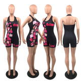 Women's Street Sexy Hot Tight Fitting High Stretch Fashion Print Halter Neck Cargo Rompers