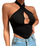 Sexy Crossover Halter Neck Knitting Shirt Slim Basics Spring Summer Tight Fitting Ladies T-Shirt Top