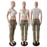 Women's Street Hipster Multi Pocket Cargo Pants Street Wash Distressed Denim Pants
