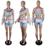 Fashion Print Women's Long Sleeve Blazer Short Set Cozy Fall Outfit with Bandana