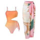 One-piece swimsuit color matching cover-up skirt