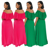 Women's Spring Summer Off Shoulder Chiffon Pleated Solid Color Maxi Dress with Lining