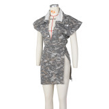 Summer Ladies Casual Distressed Heavy Wash Sleeveless High Slit Camouflage Casual Set