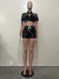 Women's Deep Pocket Slit Pu Leather Short Front Short Back Long Shorts Two-Piece Set