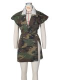 Summer Ladies Casual Distressed Heavy Wash Sleeveless High Slit Camouflage Casual Set