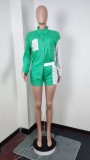 Women Colorblock Patchwork Pocket Long Sleeve Shirt and Shorts Two-Piece Set