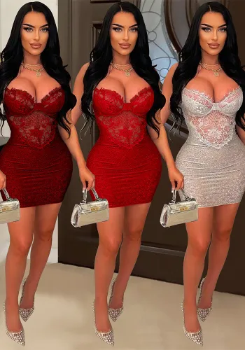 Fashion Ladies Solid Color Sleeveless Skirt Floral Mesh Strap Dress