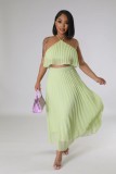 Sexy Low Back Halter Neck Tank Top Pleated Maxi Skirt Two-Piece Set