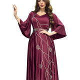 Muslim Abaya Leaf Pattern Beaded Dubai Robe Dress With Diamond Belt