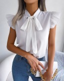 Women'S Summer Solid Color Simple Bowknot Short Sleeve Shirt