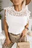 Summer Lady Sweet Lace Patchwork Sleeveless Solid Color Sexy Hollow Shirt