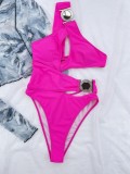 Solid Color Metal Round Buckle Sexy One Shoulder One Piece Swimsuit