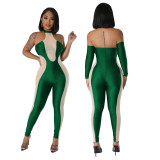 Fashion Halter Neck Low Back Mesh Patchwork Contrasting Tight Fitting Butt Lift Jumpsuit Without Sleeves