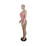 Ladies Summer Fashion Stripe Print One Piece Swimsuit