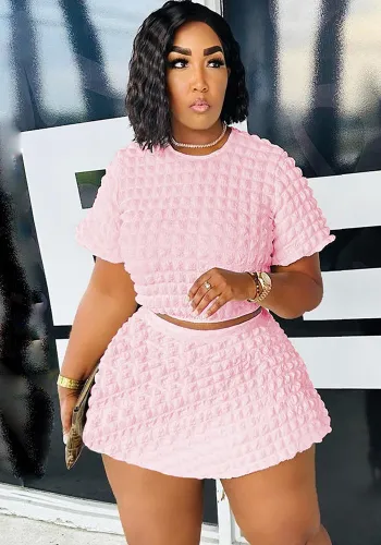 Casual Solid Popcorn Fabric Short Sleeve Two-Piece Skirt Set