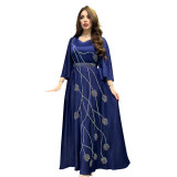 Muslim Abaya Leaf Pattern Beaded Dubai Robe Dress With Diamond Belt
