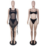 Women'S See-Through Nightclub Dress Sexy Camisole Shorts Three-Piece Set