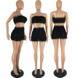 Women'S Summer Fashion Sexy Solid Fur Slim Wrapped Chest Two-Piece Skirt Set