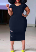 Women'S Casual Plus Size Round Neck Short Sleeve Black Dress
