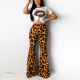 Women'S Sexy Lips Print T-Shirt Leopard Print Bell Bottom Pants Two-Piece Set