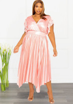 Women'S Spring Summer V-Neck Ruffle Sleeve Pleated Plus Size Midi Dress