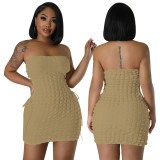 Women'S Popcorn Bubble Fabric Side Waist Lace-Up Solid Color Strapless Bodycon Dress