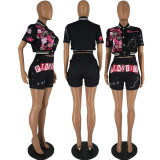 Women'S Summer Fashion Positioning Print Two-Piece Baseball Jersey Shorts Set