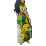 Women'S Map Print Swing Dress Casual Maxi Dress
