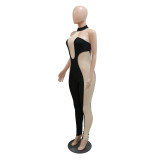 Fashion Halter Neck Low Back Mesh Patchwork Contrasting Tight Fitting Butt Lift Jumpsuit Without Sleeves