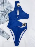 Solid Color Metal Round Buckle Sexy One Shoulder One Piece Swimsuit