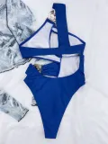 Solid Color Metal Round Buckle Sexy One Shoulder One Piece Swimsuit