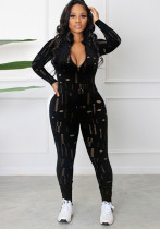 Sexy Jacquard Hollow Out Long Sleeve Jumpsuit Nightclub Wear Women'S Clothing