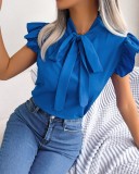 Women'S Summer Solid Color Simple Bowknot Short Sleeve Shirt