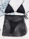 Solid Hollow Out Mesh Cover Up Skirt Three-Piece Bikini Sexy Swimsuit