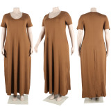 Solid Short Sleeve Loose Fit Plus Size Maxi Dress Long Dress