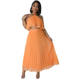 Sexy Low Back Halter Neck Tank Top Pleated Maxi Skirt Two-Piece Set
